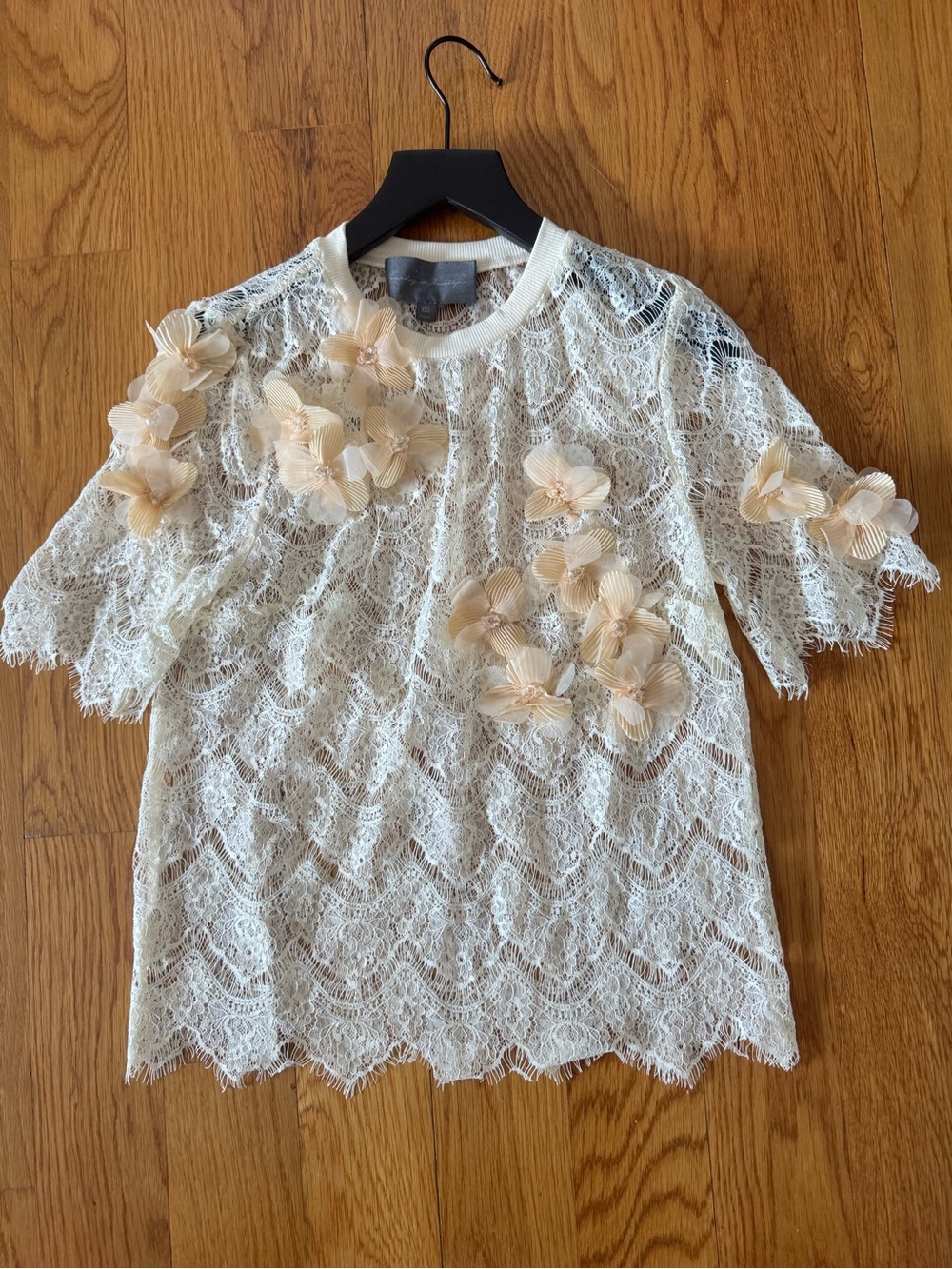 Sunday In Brooklyn Cream Lace 3D Flowers Floral Short Sleeve Blouse Shirt XXS - Picture 4 of 5